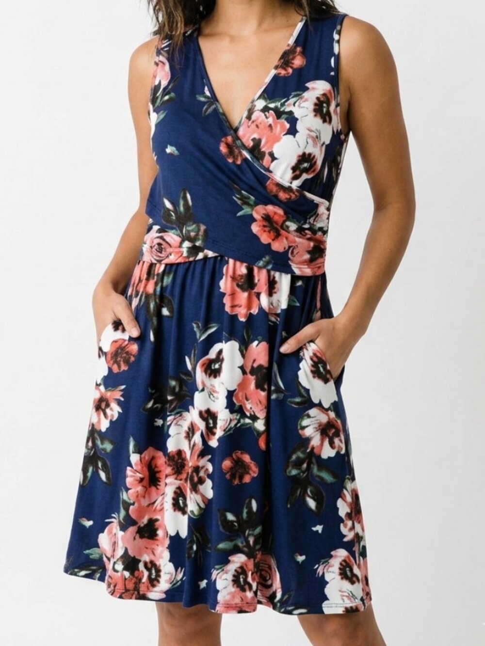 NWT OUGES Navy Floral Faux Wrap Midi Dress Pockets Size L Large